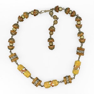 Antique Yellow Venetian Bead Necklace Mixed With Unusual Plastic & Rhinestone Pcs. 17&quot; Total Length
