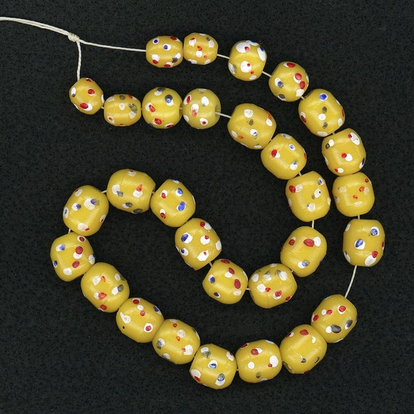 Antique Prosser Trade Beads 12mm Molded Yellow Glass with Multi Color Dots 30 Pcs