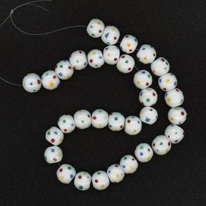 Antique Prosser Trade Beads 12mm Molded White Glass with Multi Color Dots 33 Pcs