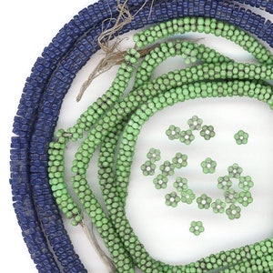Antique Bohemian Glass Trade Beads Flower Rondelle Spacers Dark Blue