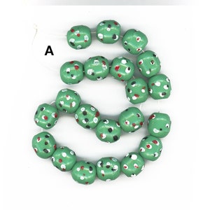 Antique Prosser Trade Beads 12mm Molded Green Glass with Multi Color Dots 21 Pcs