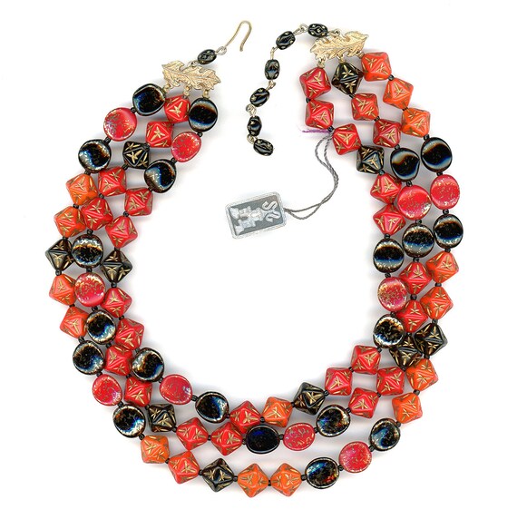 Vintage Castlecliff Necklace 3 Strands of Red, Black & Orange 