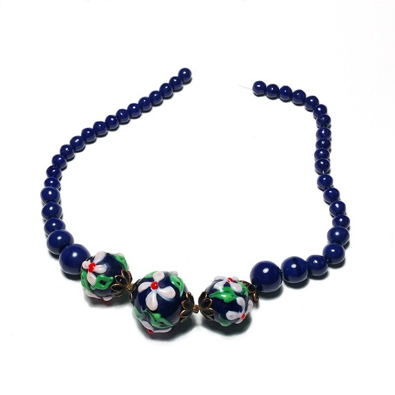 Vintage Graduated Navy Blue Bead Necklace Floral L