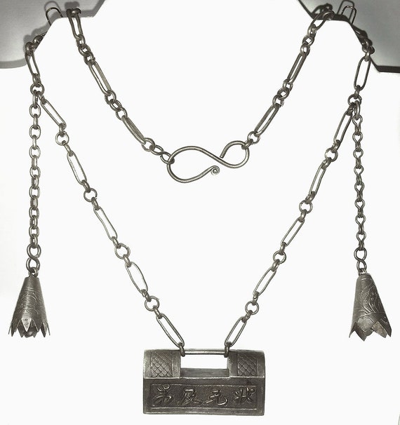 Antique Chinese Lock Necklace Ornate Rectangular … - image 4