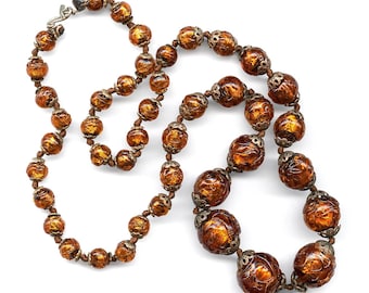 Vintage Foil Bead Necklace Golden Coppery Color Graduated 21" Long Needs TLC