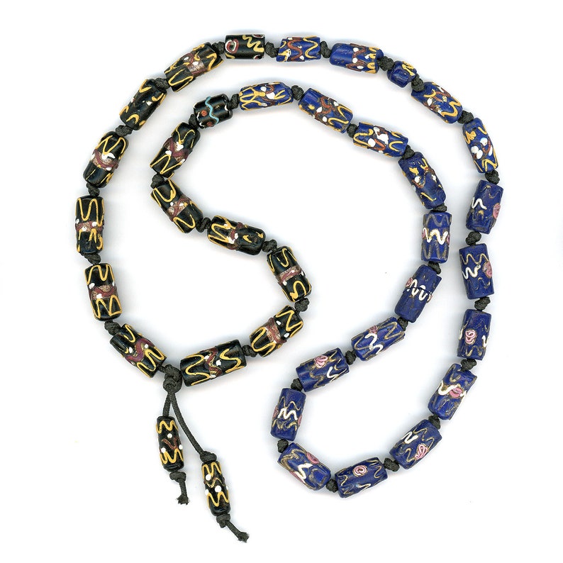 Antique Venetian Trade Beads Black and Blue Fancy Wedding Cake 32 Long