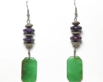 Chrysoprase & Sugilite Pierced Earrings Natural Stones Hand Crafted