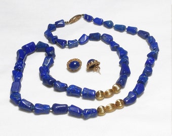 Vintage 25" Lapis Lazuli Beads & 14kt Gold Necklace and Earrings Natural Rich Blue Stones
