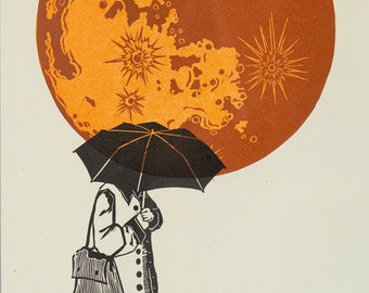 Blood Moon Linocut Print, Black Orange Umbrella Woman Mystery