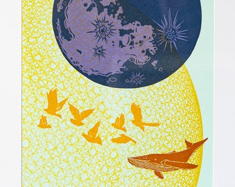 Strange Worlds Linocut Print, Blue Orange Yellow Outerspace Whale Planets Birds Moon