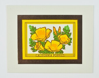 California Poppies Flower Poppy Letterpress Print, Yellow Brown Green