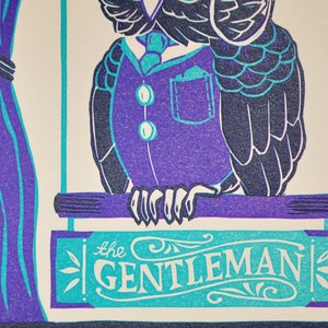 Gentleman Owl top hat monocle Letterpress, Purple Grey Blue Gray image 2