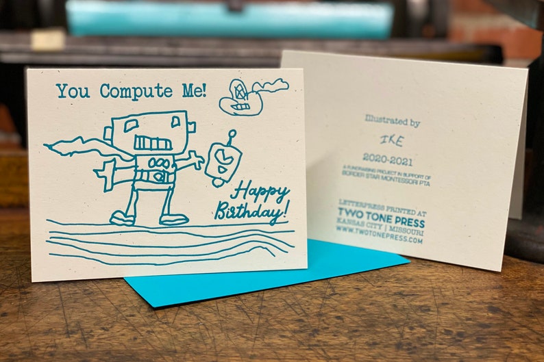 Kid Happy Birthday Card Letterpress Student Drawn Borderstar PTA Fundraiser Robot Card