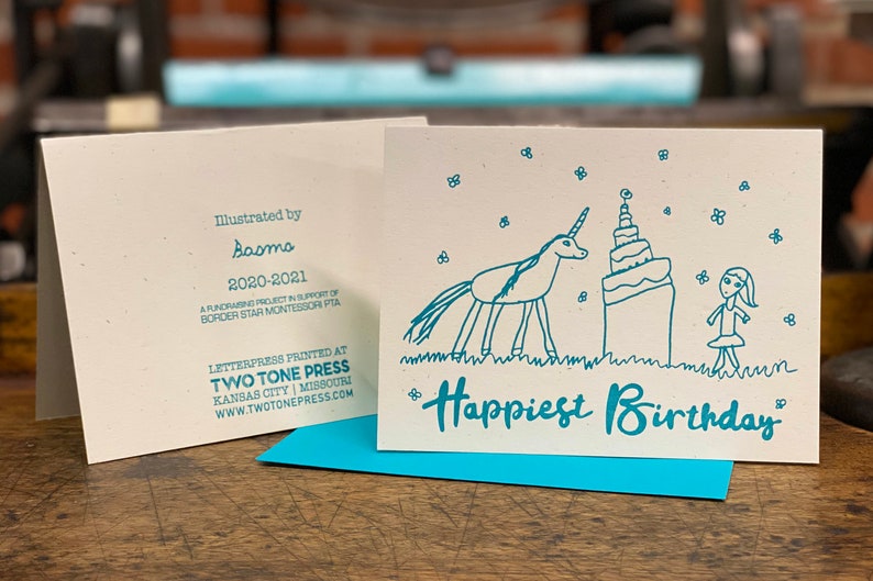 Kid Happy Birthday Card Letterpress Student Drawn Borderstar PTA Fundraiser Unicorn Card