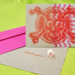 Skull and Crossbones hate you Anti-Valentine letterpress card image 1