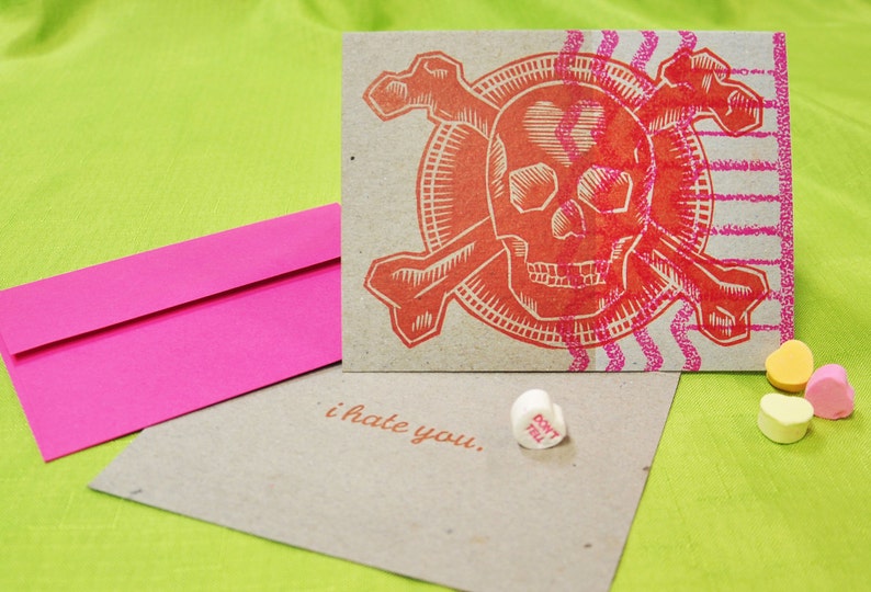 Skull and Crossbones hate you Anti-Valentine letterpress card image 1