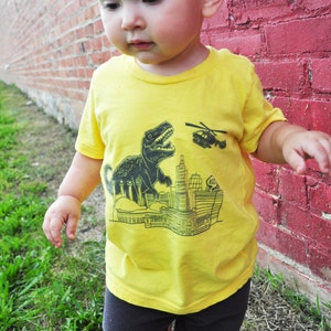 Kid Shirt, Kansas City, Dinosaur, Skyline, T-Rex, Yellow, Gray