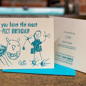 Kid Happy Birthday Card Letterpress Student Drawn Borderstar PTA Fundraiser Cat Card