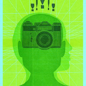 Fotógrafo cara cámara silueta tipografía cartel, amarillo verde azul