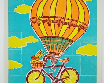 Bunny Bicycle Rabbit Hot Air Balloon Bike Letterpress Print, Blue Yellow Orange Maroon