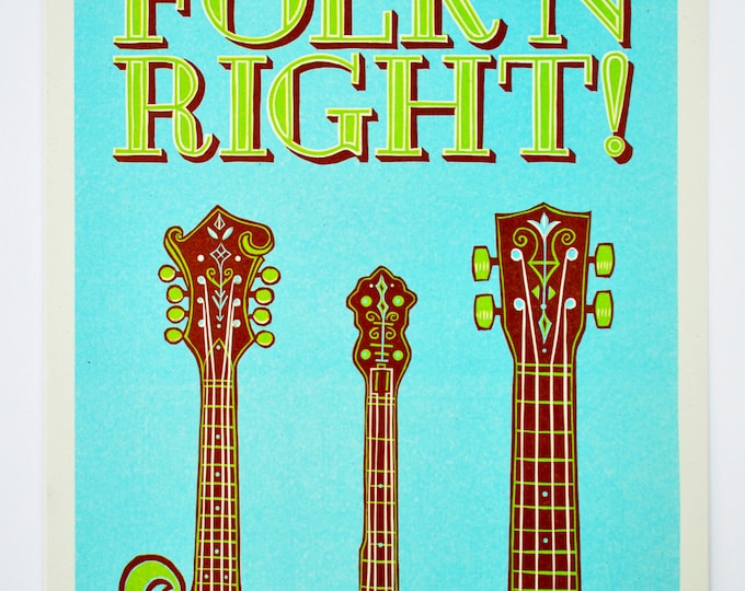 Folk Music Guitar Mandolin Letterpress Print, Lime Green Blue Maroon