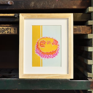 Puffer Fish Aquarium pufferfish Blowfish Letterpress Print, Yellow Pink