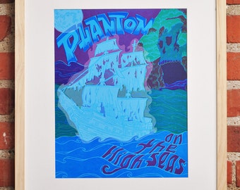 Phantom Pirate Ghost Ship Pulp Fiction Letterpress, Blue Purple Green White