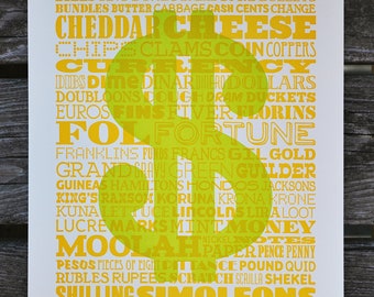 Cash Money Dollar Sign Letterpress Poster Business Art, Yellow Green