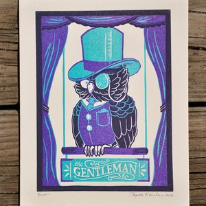 Gentleman Owl top hat monocle Letterpress, Purple Grey Blue Gray