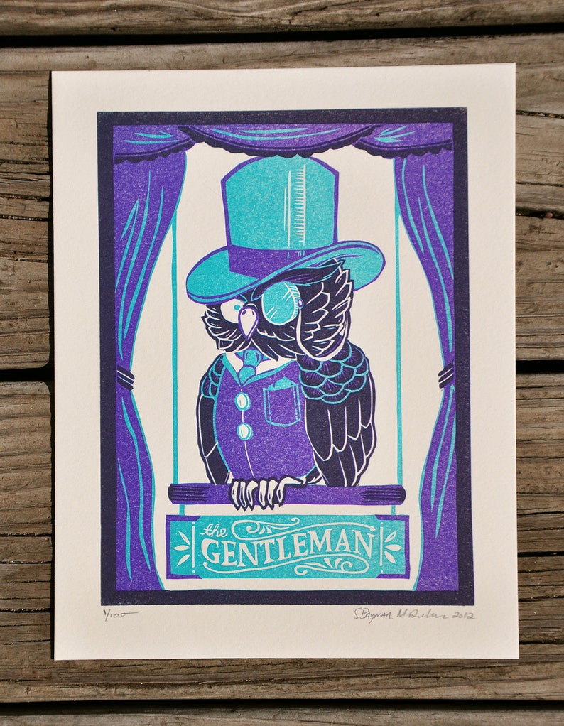 Gentleman Owl top hat monocle Letterpress, Purple Grey Blue Gray image 1