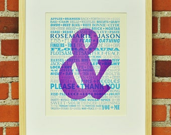 Personalized Ampersand Lovers Couple Pairs Letterpress Poster Purple Teal Blue