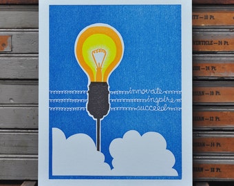 Inspiration Innovate Inspire Succeed Lightbulb Letterpress Print, Blue Yellow Orange