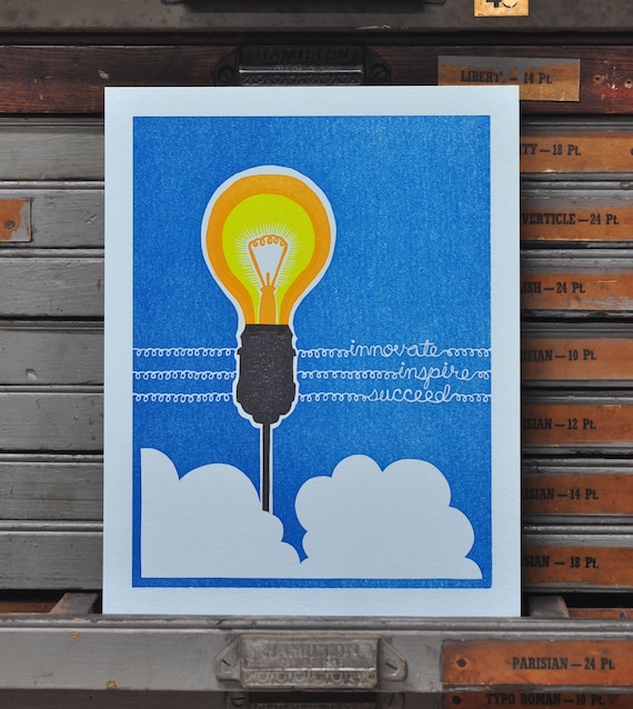 Inspiration Innovate Inspire Succeed Lightbulb Letterpress Print, Blue Yellow Orange