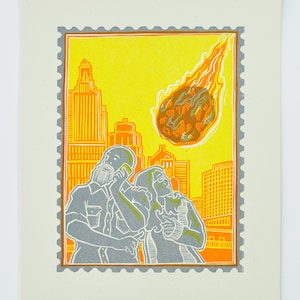 Asteroid Apocalypse technology phone Letterpress Print, Orange Yellow Grey Gray