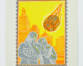 Asteroid Apocalypse technology phone Letterpress Print, Orange Yellow Grey Gray