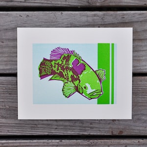 Oscar Fish Aquarium Cichlid Letterpress Linocut Print, Green Purple Blue