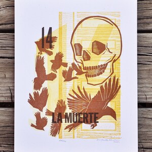 Muerte Loteria Skull Raven Crow letterpress print, Yellow Brown