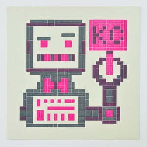 May include: A pixelated robot with a pink and grey colour scheme. The robot has a square head with a pink mouth and eyes. The robot is holding a sign that says "Hello" in pink letters.