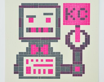 BLOCK KC ROBOT Kansas City Letterpress Print, Pink Grey Gray