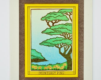 California Monterey Pine Cypress Letterpress Print, Yellow Brown Blue Green