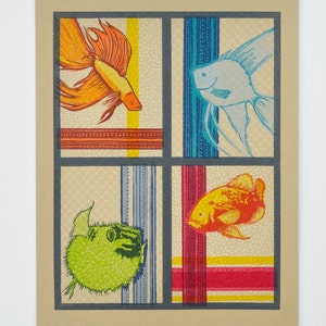 Colorful Fish Block Print: 11-Color Linoleum Illustration