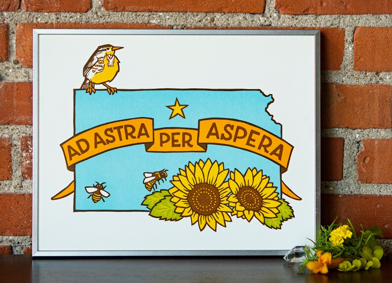 Kansas State Linocut Print, Orange Blue Brown Yellow Meadowlark image 1