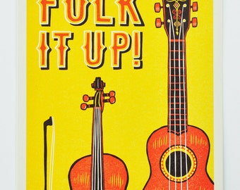 Folk Music Fiddle Ukulele Letterpress Print, Orange Yellow Brown