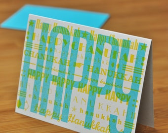 Single Vintage Blue & Yellow HAPPY Hanukkah Letterpress Card