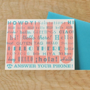 Biglietto di auguri vintage HELLO ricollegabile Letterpress, corallo blu