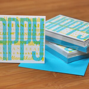 Confezione da 5 biglietti tipografici HAPPY Hanukkah vintage blu e gialli