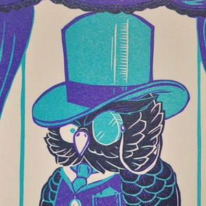 Gentleman Owl top hat monocle Letterpress, Purple Grey Blue Gray image 3