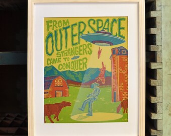 Pulp Fiction UFO Letterpress Print, Yellow Red Blue Green