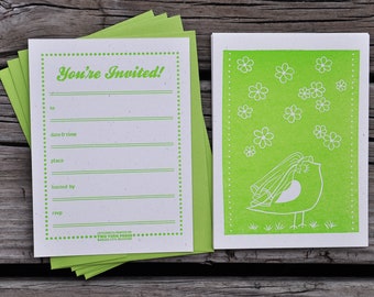 Green Letterpress Fill-in-the-Blank Bridal Birdie Invitations - 10 Pack