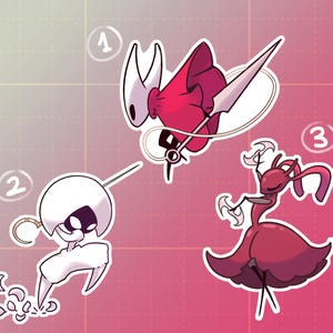 Op de afbeelding: Drie cartoon karakter stickers. De eerste is een rood en wit figuur met een speer. De tweede is een wit figuur met een zwart masker en een haak. De derde is een rood figuur met gebogen messen.